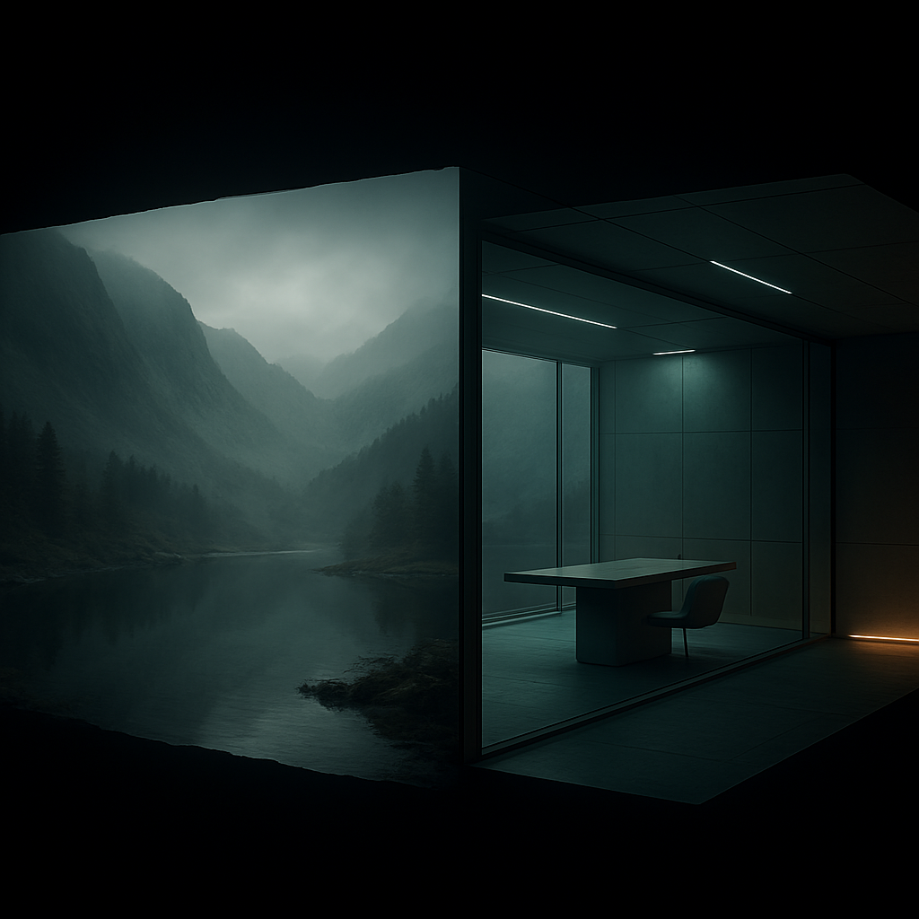 An AI-generated navigable 3D world: a misty mountain valley transitioning into a minimalist glass interior